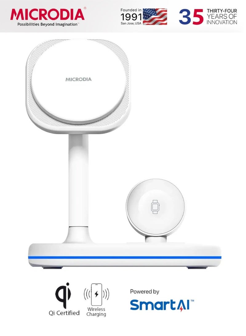 MICRODIA SNAPStation PRO 23W 4-in-1 Magnetic Wireless Charging Station, Fast MagSafe Wireless Charger Stand for iPhone 16/15/14/13, AirPods & Watch, Qi Certified Charging Dock – White - Image 1